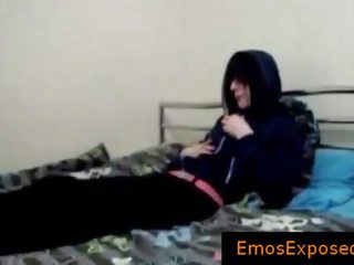 Te-nage gay emo wanking his pecker on bed